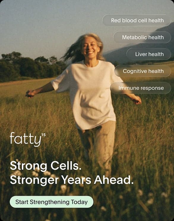 Fatty ad — woman running through a field: Strong Cells. Stronger Years Ahead.
