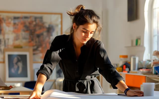 Designer working over a large print at a studio table